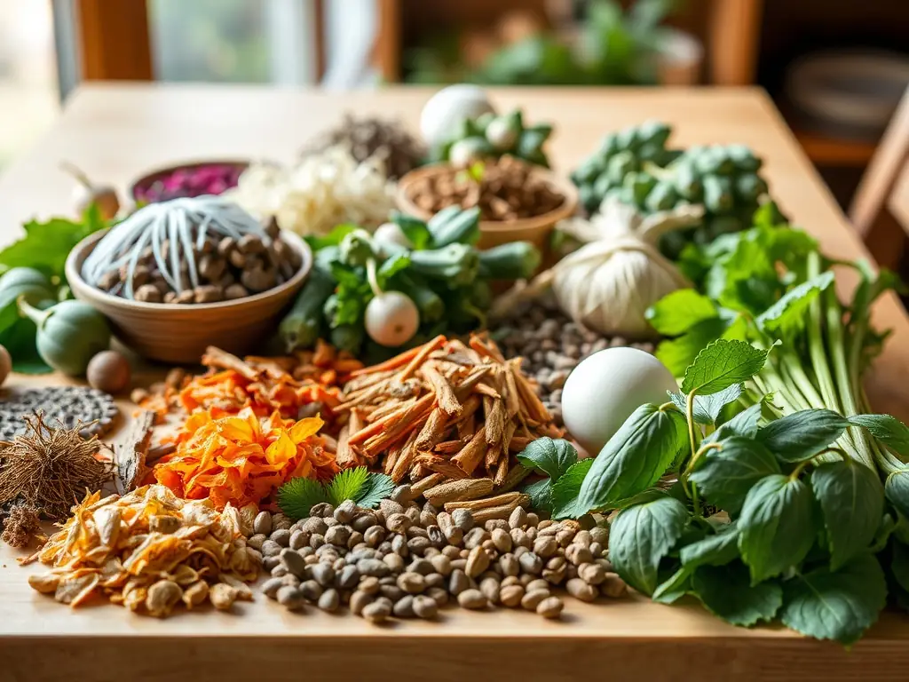 A visual representation of herbal medicine, featuring various herbs and natural ingredients used in traditional Chinese remedies.