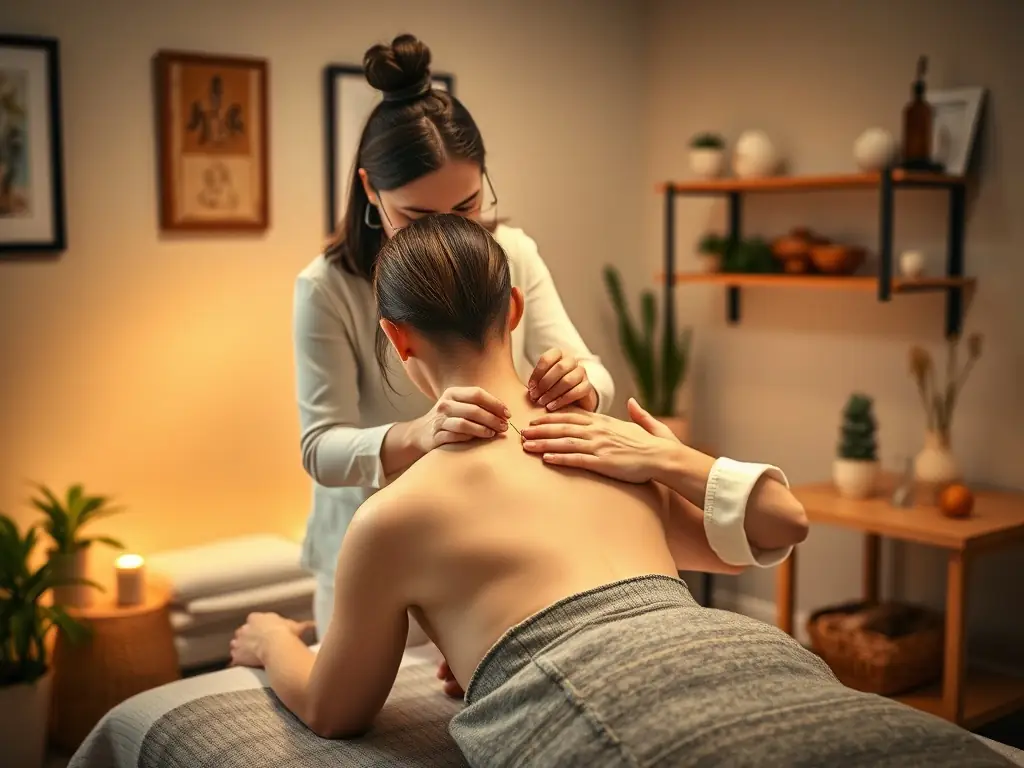An image showing a relaxed patient during an acupuncture session, with soft lighting and a focus on the peaceful environment of ESPAÇO NEURUS.
