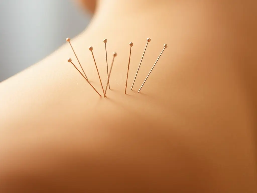 A close-up shot of acupuncture needles being expertly applied to a patient's hand, highlighting the precision and care involved in the treatment at ESPAÇO NEURUS.