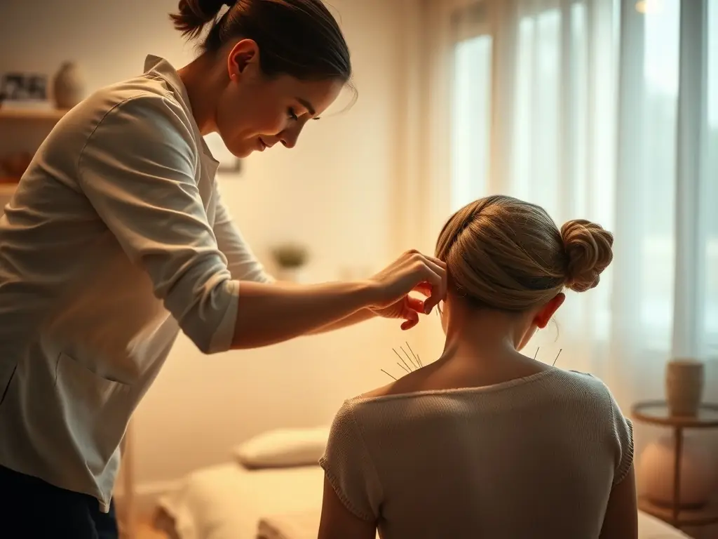A serene image depicting a patient receiving acupuncture treatment, with needles gently placed on their back, showcasing the calming atmosphere of ESPAÇO NEURUS.