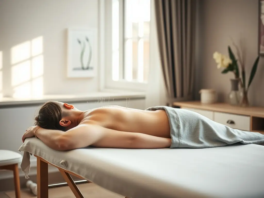 A serene image of a patient receiving acupuncture treatment, focusing on the gentle placement of needles and the calming atmosphere of the clinic.